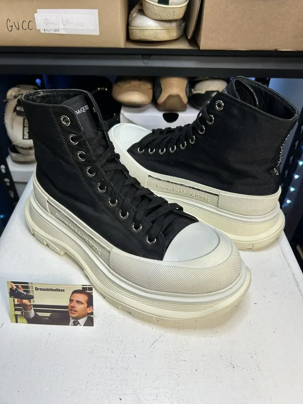 Alexander McQueen Tread Slick Lace Up Boot in black and white canvas Size 45